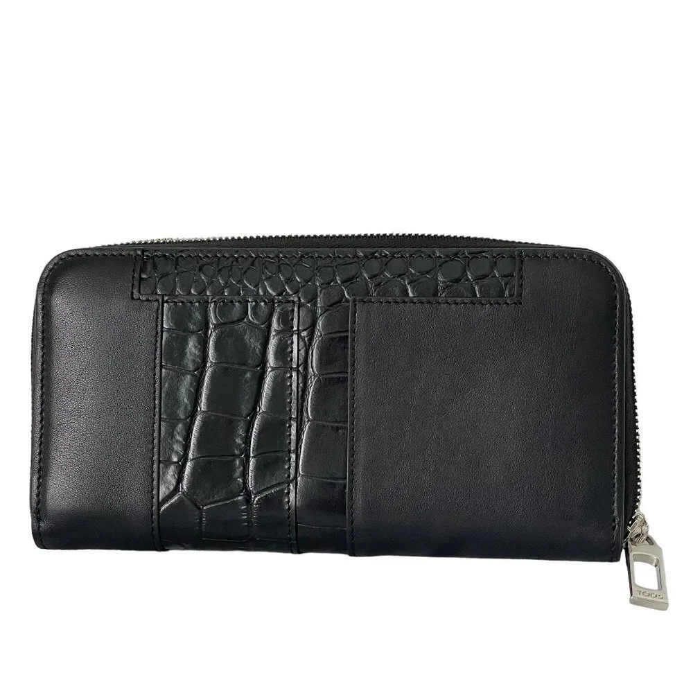 Tod's Italy Croc-embossed Black Leather‎ Zip Wallet, XAMTTA0400M51B999